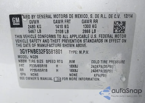 2015 Cadillac Srx Luxury Collection z USA, uszkodzony, nr VIN 3GYFNBE32FS581801